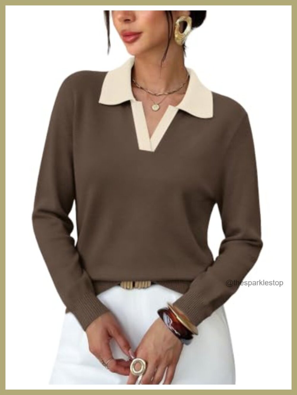 Women's V-Neck Polo Collar Long Sleeve Sweater Business Casual Lightweight Knit